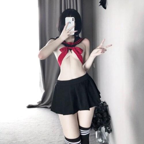 School Girl Uniform Lingerie Cosplay Bowknot Sexy Bare Breast Top Black Pleated Skirt Women Student Sailor Erotic Anime Costume