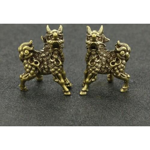 Vintage Handmade Copper Kylin Statue a Pair of Chinese Mythical Animals Kylin Ornaments Mini Home Decoration Desktop Ornaments
