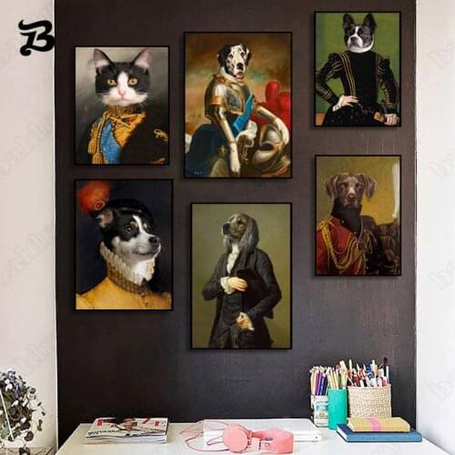 Vintage Style Animals Canvas Painting Retro Gentleman Cat Dog Nordic Wall Art Portrait Posters and Prints for Living Room Decor