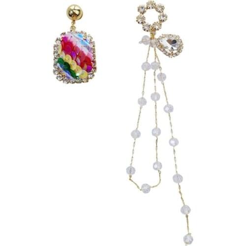 Baroque handmade rainbow sequins gems crystal tassel earrings women Asymmetry earring