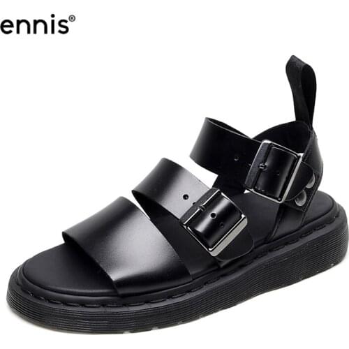 ENNIS Brand 2021 Summer Women Sandals Leather Black Shoes Rome Metal Buckle Platform Flat Sandals Fashion Casual Shoes New S102