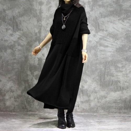 Women Dresses Autumn Turtleneck Long Sleeve Patchwork Plush Irregular Hem Maxi Dress Elegant Street Style Vintage Clothes 2021