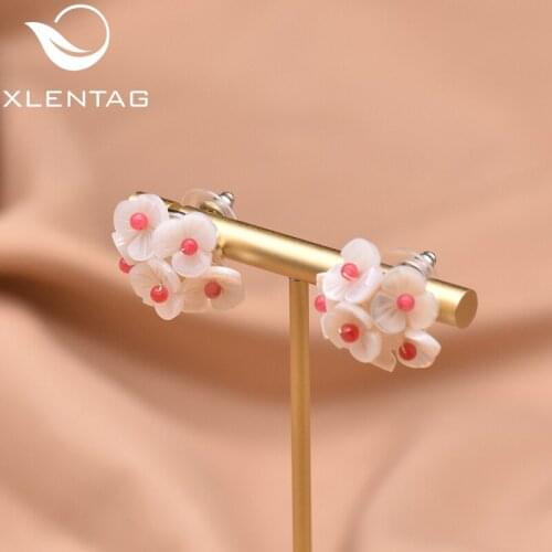Xlentag 925 Sterling Silver Stud Earrings Natural Shell Flower Red Jade Ear Cuff Earrings WomenS Accessories Jewelry GE0986A