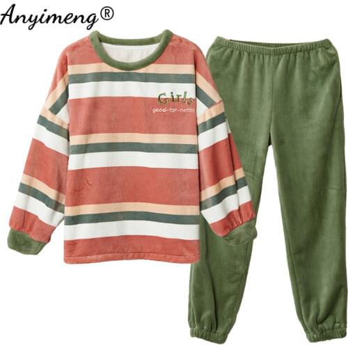 Winter Pajamas Set for Women Soft Flannel Pjs Fashion Ins Vintage Preppy O-neck Pullover Sleepwear for Girl Plus Size Loungewear