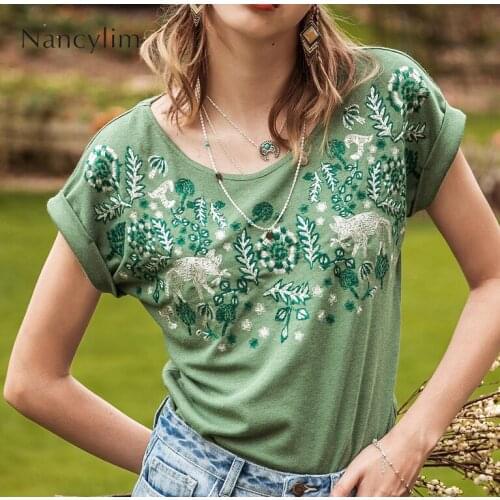 2020 Summer Retroembroidered Tshirt Women New Korean Round Collar Curly Cuff Short-sleeved T-shirt Casual Shirts Lady Tops Femme