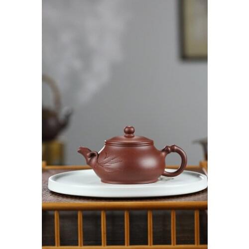 260cc Chinese Yixing Bamboo Teapot Handmade ZiHongNi Zisha Clay Pan Teapot by Huang Dongling