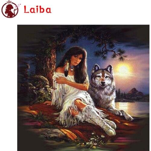 Diamond Mosaic Native Indian woman and wolf Picture Of Rhinestone Diamond Painting Cross Stitch Embroidery Needlework Wall Art