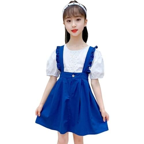 Children Summer Clothes Lace Blouse + Dress Costume For Girls Ruffles Tracksuit Girl Casual Style Kids Clothing