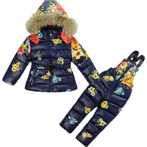Kids Girl Winter Clothes Sets Hooded Coat 2017 Fashion Flower Print Overalls Jumpsuits Snow Wear Children Clothing 2 -7 Years