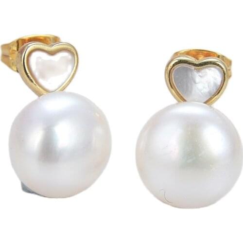 GG Jewelry Semi Round White Freshwater Pearl Heart Shaped White Shell Stud Earrings cute style for women girl gift