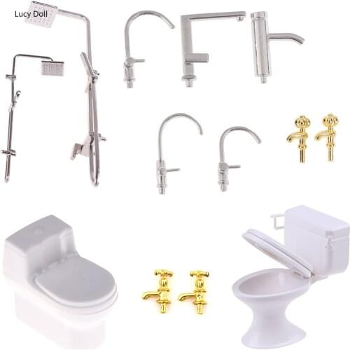 Cute DIY House Miniature Bath Shower Modeling Toilet Bathtub Faucet Simulation Water Tap Toys For Doll House Furniture Toys