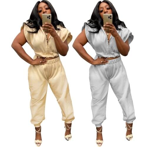 Fashion Split Cuffs Casual Solid Color Sweater 2 Piece Outfits Sports Fitness Zipper Crop Top + Sweat Pants Two Piece Set Jogger