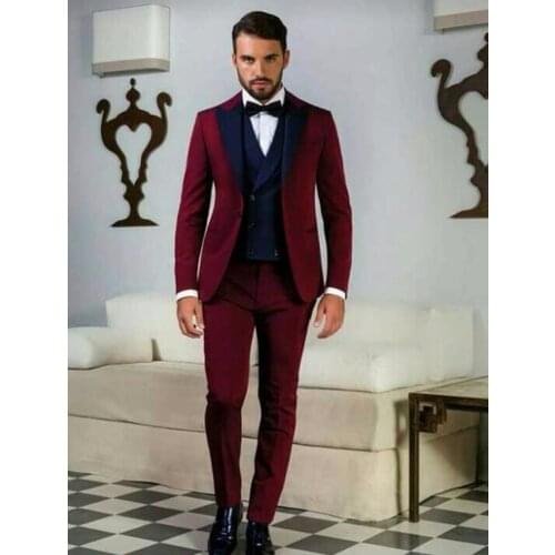 Custom Made Groomsmen Dark Red Groom Tuxedos Peak Navy Blue Lapel Men Suits Wedding Best Man ( Jacket+Pants+Bow Tie+Vest ) C414