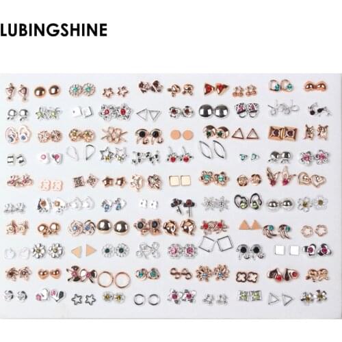 100pair/set Mix Style Gold Silver Color Flower Stud Earring Set Crystal Bowknot Heart Earrings For Women Girl Fashion Jewelry