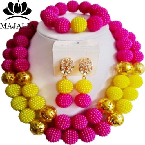 Majalia Fashion Hot pink and Yellow Lady Nigerian Wedding African Jewelry Set Plastic Beads Bride Jewelry Sets 2QW008
