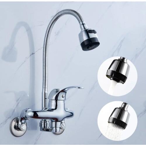 Wall Mounted Kitchen Faucet 360 Degree Swivel Flexible Hose Double Hole Pull Down Kitchen Sink Spray Faucet Cold Hot Water Mixer