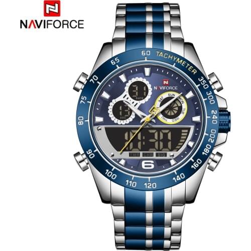 NAVIFORCE Men Watch Chronograph Sport Clock Dual Display Quartz Analog Digital 3ATM Waterproof Wristwatch Black 46mm New 2020