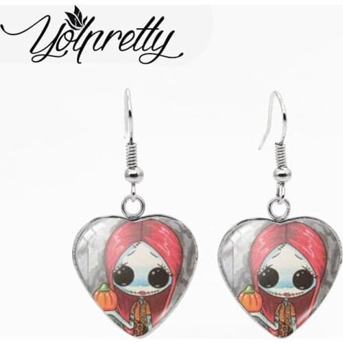 2021 New Fashion Kawaii Nightmare Before Christmas Characters Glass Cabochon Jewelry Heart Fish Hook Earrings