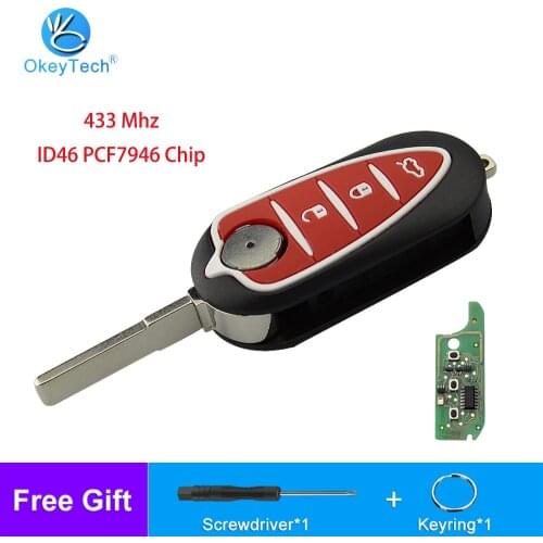 OkeyTech 3 Button 433mHz PCF7946 Chip Replacement Folding Flip Remote Car Key For Alfa Romeo 147 156 166 GT Uncut Blank Blade