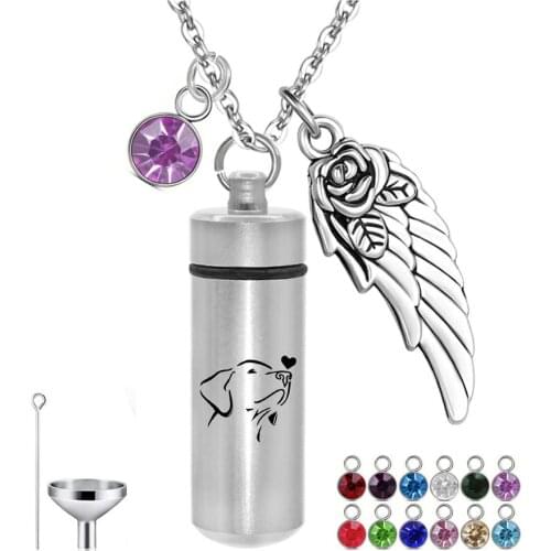 Pet Cremation Jewelry Urn Necklace for Ashes Angel Wing and 12 Birthstones Charm Memorial Pendant Ashes Holder Keepsakes Jewelry