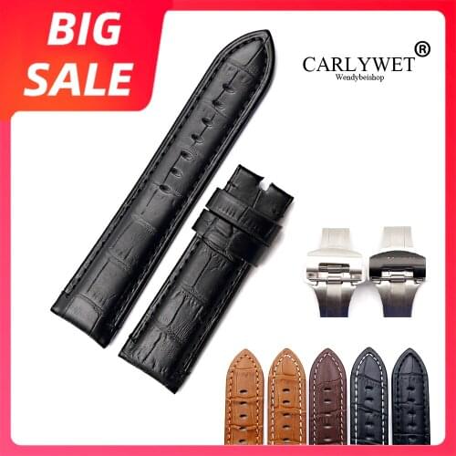 CARLYWET 22 24mm Top Luxury Leather VINTAGE Real Calf Crocodile Grain Thick Wrist Watch Band Belt Silver Black Clasp For Panerai