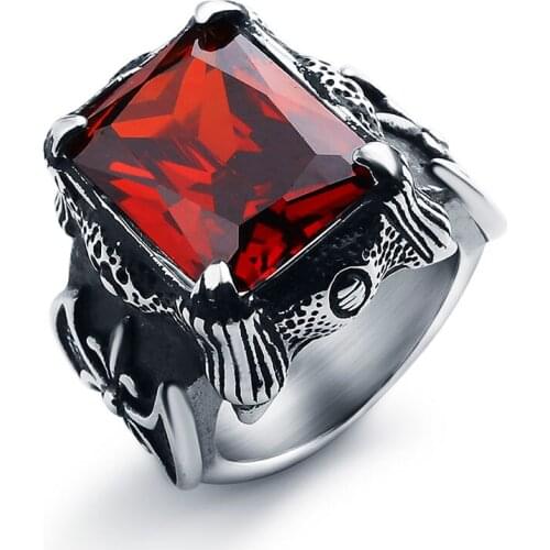 Valily Jewelry Silver-Black Vintage Gothic Big Square Red/Black CZ Ring Stainless Steel Punk Dragon Claw Retro Band Ring for Men