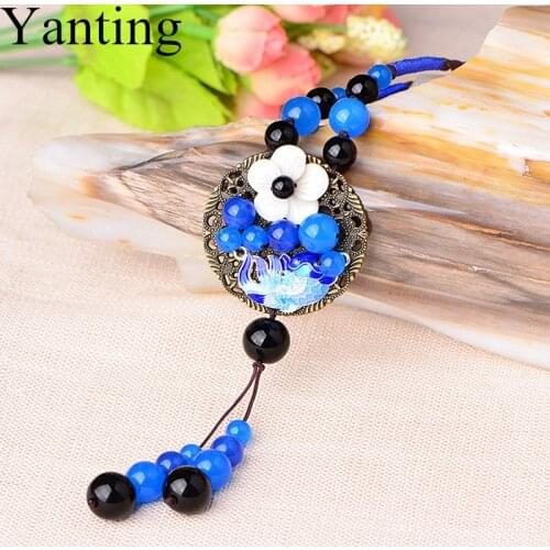 Yanting Ethnic Cloisonne Fish Pendant Necklace Vintage Bohomian Sweater Chain Women Necklace Shell Flower Natural Stone 0121