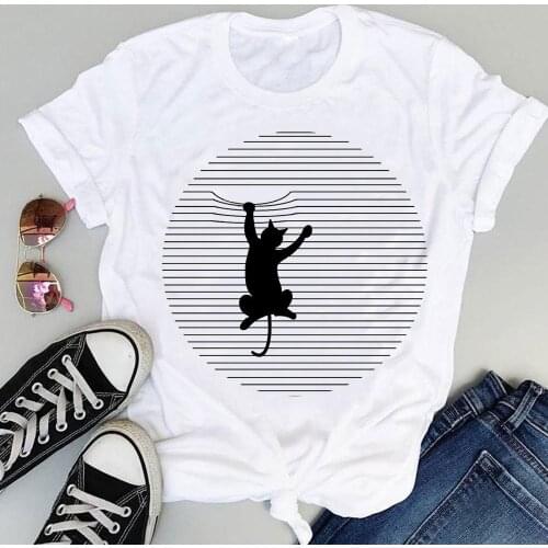 Women Cartoon Striped Cat Funny Trend Cute Fashion Print Sweet Summer Short Sleeve Lovely Clothes Tops Tees Tshirt T-Shirt