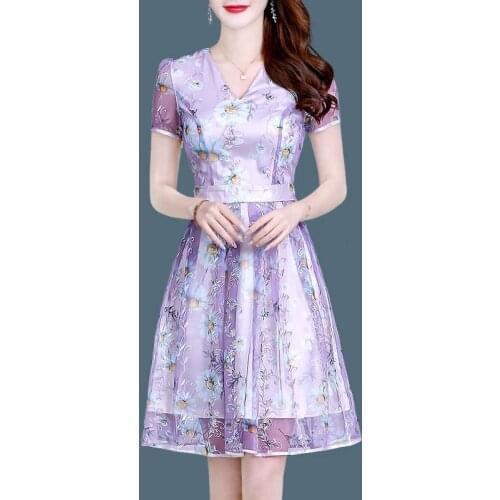 M-3XL Fashionable Spring Women Net Yarn New With Slim Waist And V-Neck Flower Pattern Elegant Temperament Party Dresses 9450