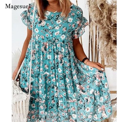2021 New Summer Women Chiffon Dress Printed Floral O-Neck Butterfly Sleeve Dress for Women Casual Loose Long Dress Vestido 14486