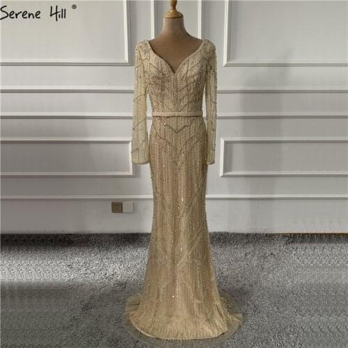 Gold V-Neck Dubai Design Sexy Prom Dresses Luxury Long Sleeves Beading Crystal Prom Gowns 2020 Serene Hill BLA60831