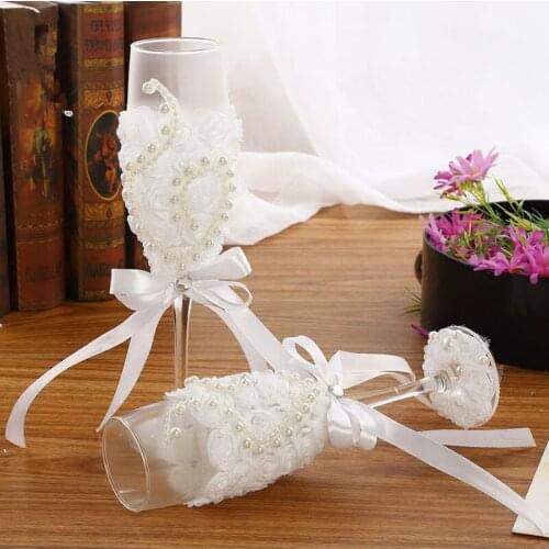 1 Pair Of Bridal And Groom Champagne Red Wine Goblet Set Flutes Elegant Flower Imitation Pearl Decor Drinking Glasses