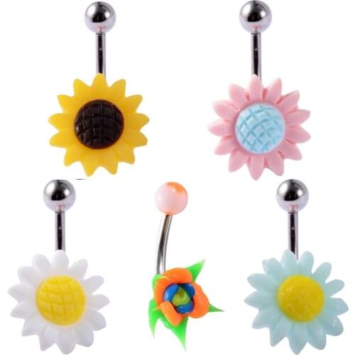1PC Surgical Steel Sexy Sunflower Dangle Belly Button Rings Piercing Colorful Flower Banana Navel Dance Bars Body Jewelry 14G