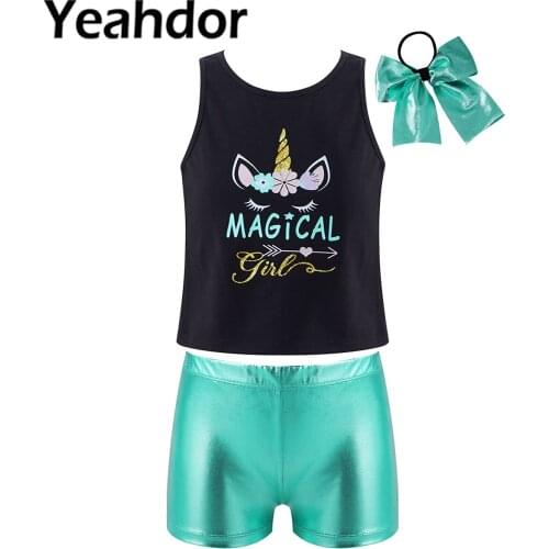3Pcs Kids Girls Summer Suit Dancewear Cartoon Horse Print Vest with Shiny Shorts and Bowknot Hair Ring Set Children Outfits