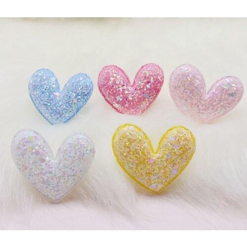 40Pcs/LOT 5*4.5CM Five Colors Glitter Shiny Heart Padded Appliques For DIY Handmade Children Hair Clip Accessories Patches
