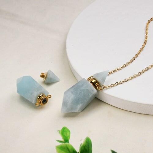 Aquamarines Faceted Perfume Bottle Diffuser Gems Stone Perfume Bottle Necklace Essential Oil Bottle Diffuser Pendant Neacklace