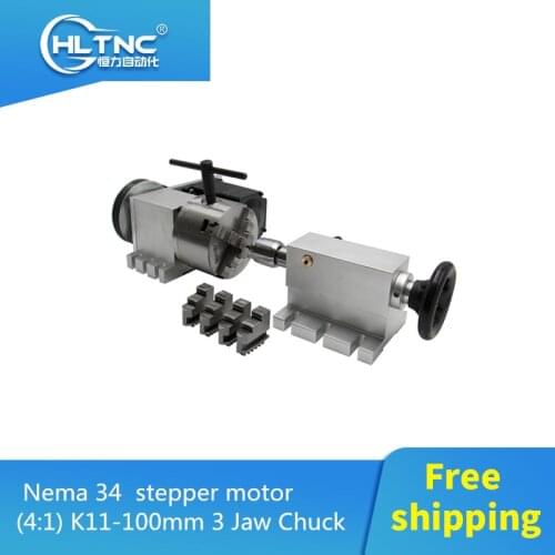 Free shipping Nema 34 stepper motor (4:1) K11-100mm 3Jaw Chuck 100mm CNC 4th axis A aixs rotary axis + tailstock for cnc router