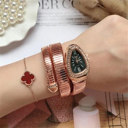 CUSSI Snake Watch Rose Gold Womens Watches Luxury Brand Ladies Bracelet Watch Diamond Quartz Wristwatches Reloj Mujer Clock Gift