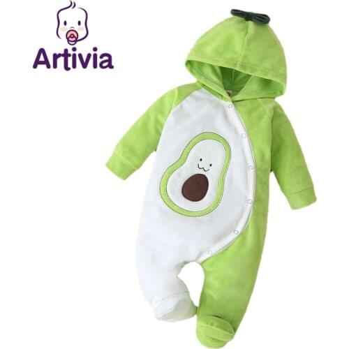 Autumn Winter Newborn Baby Hooded Solid Color Avocado Print Romper Clothes Infant Long-Sleeves Pure Cotton Jumpsuit 0-18Months