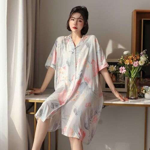 Cotton Silk Nightdress Womens Spring Summer Thin Rayon Home Service European Version Large Size Cotton Silk Shirt Skirt Pajamas