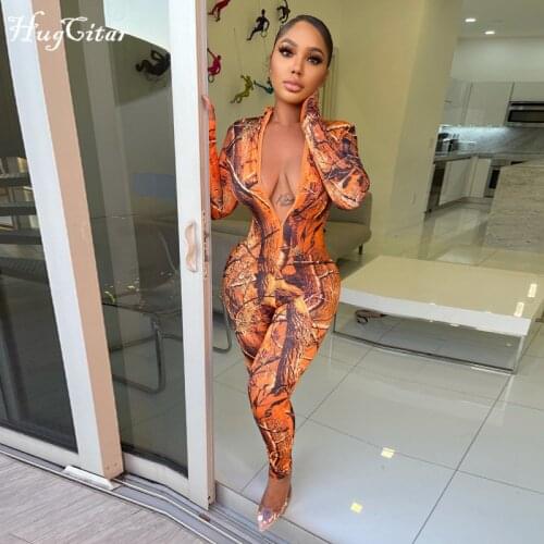 Hugcitar 2020 Long Sleeve Print Zip Up Skinny Bodycon Jumpsuit Autumn Winter Women Fashion Sexy Streetwear Casual Romper