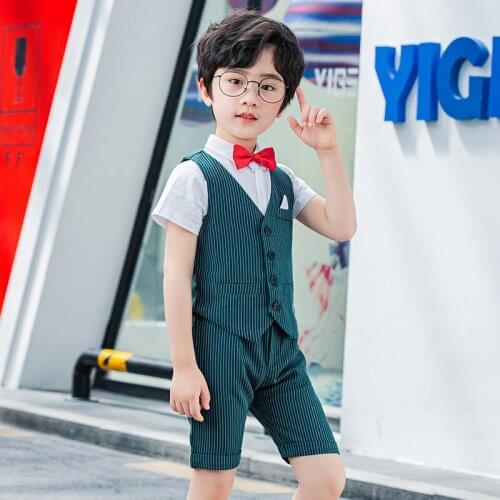 Boys Summer Formal Vest Shorts 2PCS Clothing Set Children Birthday Ceremonial Wedding Dress Skirt Suit Gentleman Kids Costumes