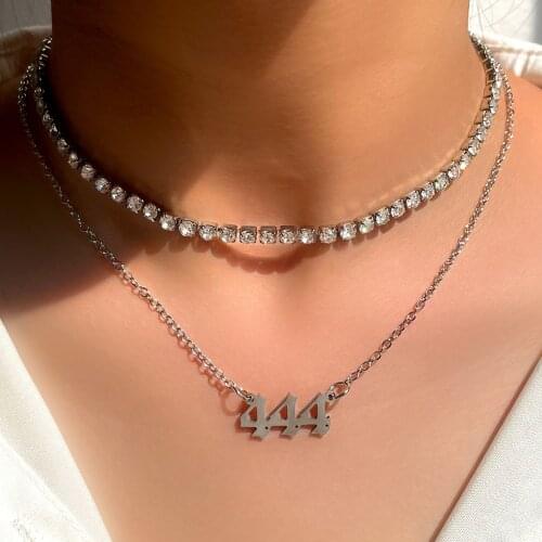 Multi-layer Stainless Steel Angel Number Pendant Necklace for Women Men Shiny Crystal Chain Necklace Minimalist Jewelry Gift