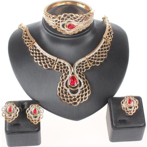 Fashion Women Gold Color Red Green Gem Crystal Pendant Wedding Party Necklace Bangle Earring Jewelry Set