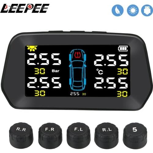 LEEPEE Car TPMS Solar Tire Pressure Monitoring Digital LCD Display Alarm Sensor Solar Power Auto Security Alarm Systems Kit