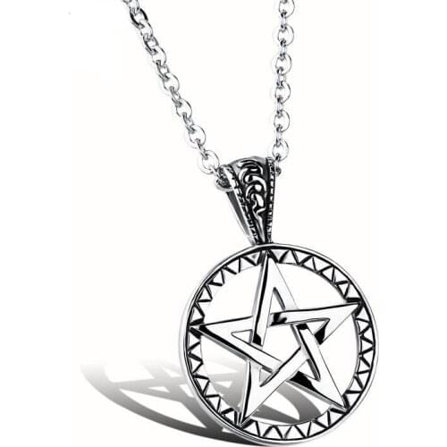 Stainless Steel Mens Necklace Hollow Pentagram Round Pendant Silver Color Stone Star O Chain Link Necklaces for Men Jewelry