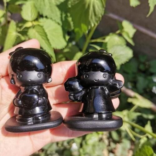 Natural Black obsidian crystal Carved Lovely children Figurine Crystal Stone cartoon characters