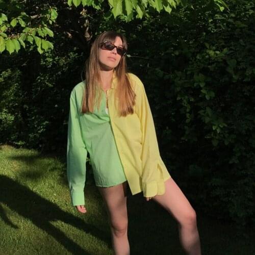 Autumn new woman shirts yellow and green patchwork loose single breasted blouses female street wear blusas mujer de moda 2020