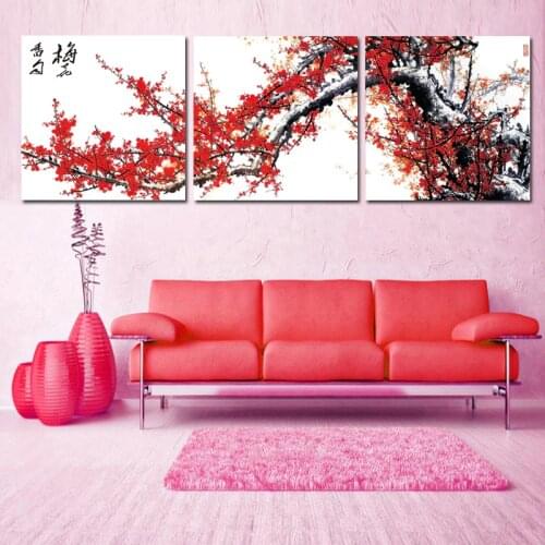 Triptyc Red Plum Blossom Flower Modular Traditional Chinese Painting Posters and Prints Art Canvas Wall Pictures For Living Room