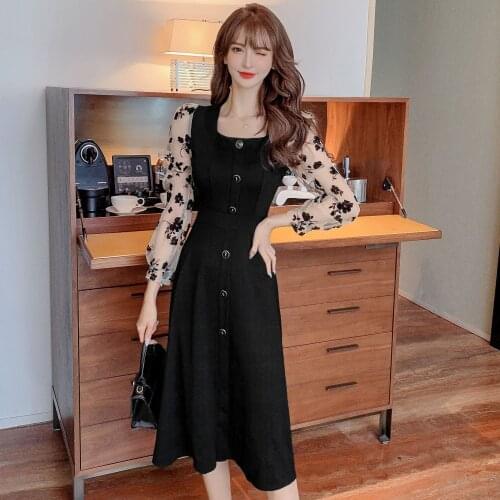 COIGARSAM Women one-piece dress korean New Spring Summer Vintage Square Collar Dresses Black 709